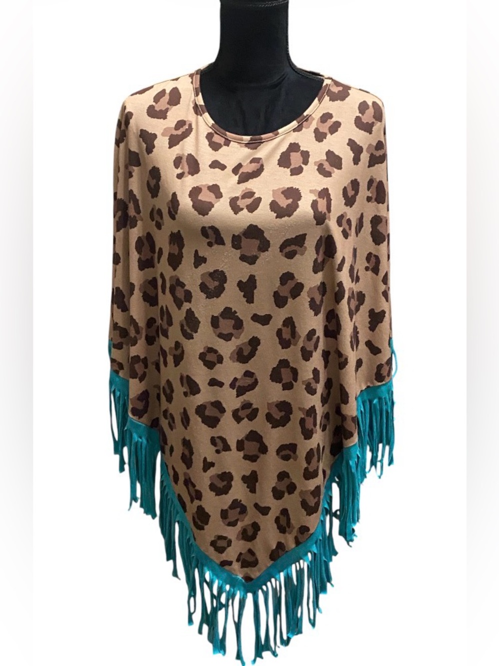 Southern Stitch Leopard Poncho with Teal Fringe